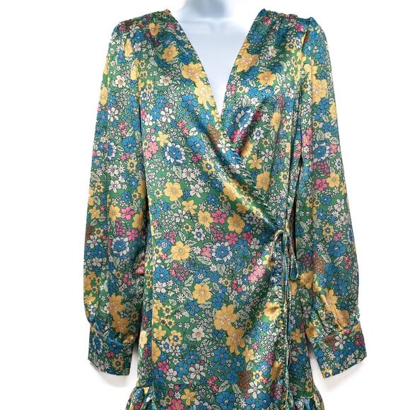 Aakaa Finding My Passion Floral Print Ruffle Wrap Dress Mini Medium Satin - Picture 5 of 10